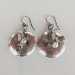 Designer Silpada Wood Quartz Pearl Hammered Sterling Silver Earrings